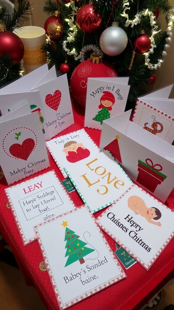 Handmade Christmas Cards for Newborns Handmade Christmas cards with baby designs on a festive table.